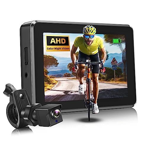 ATOVANKA Cámara de Visión Trasera para Bicicleta Con Espejo Retrovisor y Monitor HD de 4.3 Pulgadas, Visión Nocturna a Color