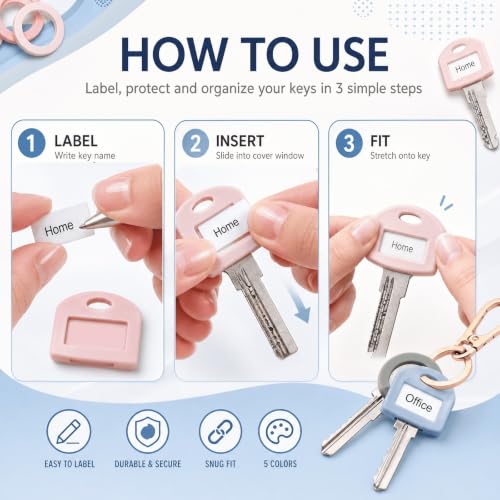 SANFUHOM 50 PCS Silicone Key Covers with Labels and 3 Key Rings, 5 Assorted Colors Key Identifiers for Standard Flat House Keys, Home, Office & Apartment Use by SANFUHOM - Used condition - Image 4