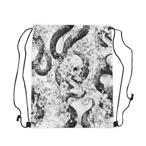 Image of jejeloiu Sugar Skull Drawstring Backpack 13x15.7inch Snake Boho Rose Waterproof Gym Drawstring Bags Gothic Art Sports String Backpack Beach Swim Travel Bag Sackpack