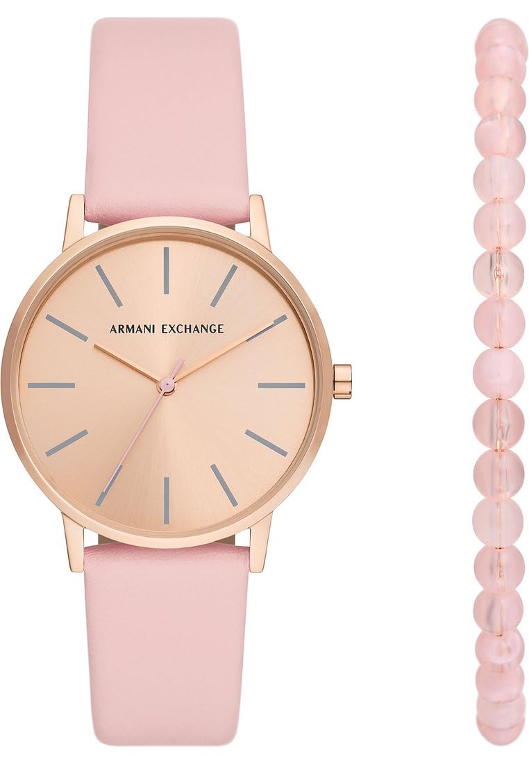 Armani Exchange Montre pour Femmes, Mouvement à Quartz et boîtier de 36 mm avec Bracelet en Acier Inoxydable, en Cuir ou en Silicone, Ensemble Rose pâle et Or Rose, 36MM