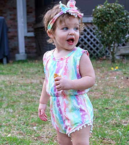 Newborn Baby Girl One Piece Rompers Floral Rainbow Unicorn Sleeveless Summer Casual Pompom Tassel Outfit Set Super Cut Mini Dress Suits With Beautiful Headband For Kids Birthday Party 12-18 Months #TOP1