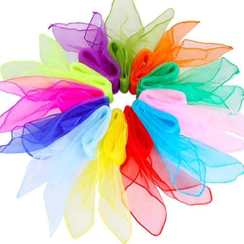 12pcs Sensory Scarves Square Dance Scarves, Juggling Silk Scarf Props Music Movement Scarves 24 by 24 Inch in 12 Colors