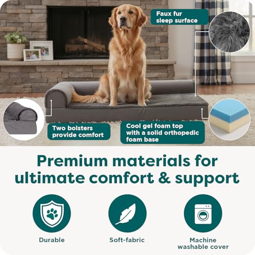 Image of Furhaven Cooling Gel Dog Bed for Large Dogs w / Removable Bolsters & Washable Cover, For Dogs Up to 95 lbs - Plush & Velvet L Shaped Chaise - Platinum Gray, Jumbo /XL