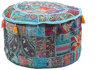 GANESHAM Indian Hippie Vintage Cotton Floor Pillow & Cushion Patchwork Bean Bag Chair Cover Boho Bohemian Hand Embroidered Handmade Pouf Ottoman (Turquoise, 13