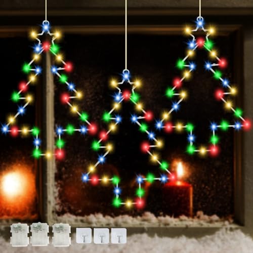3PCS Christmas Window Lights, 30CM Christmas Tree Light with Timer Waterproof Hanging Tree LED Light Window Warm Light for Party Indoor Outdoor Window Xmas Decoration