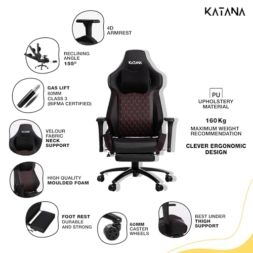 KATANA KT-04 Ergonomic Gaming & Office Chair | Multi-Functional with 4D Adjustable Armrests, Premium PU Leather, Neck Pillow & Retractable Footrest... - Image 4