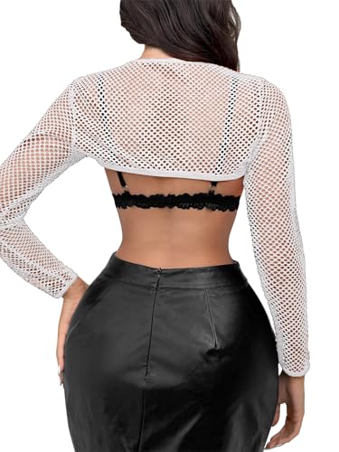 Image of Lilosy Sexy Fishnet Mesh Sheer Crop Top Long Sleeve Shrug Shirt Rave Outfits Cover Up One Piece(No Bra)