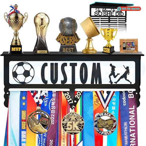 Custom Medal Hanger Display with Trophy Shelf and Personalized Text - Metal Hanger Award Rack Holds Over 70 Medals 5 Trophies - Easy to Customize & Install for Athlete Boy Girl Sports and Achievement
