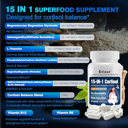 Bvlaue Cortisol Supplements for Women & Men - 15-in-1 Cortisol Reducer Manager Lower w/Ashwagandha,Magnesium,L-Theanine/Saffron Vitamin B6 & B12,60 Vegan CT for Stress Relief Sleep,Mood,Non-GMO