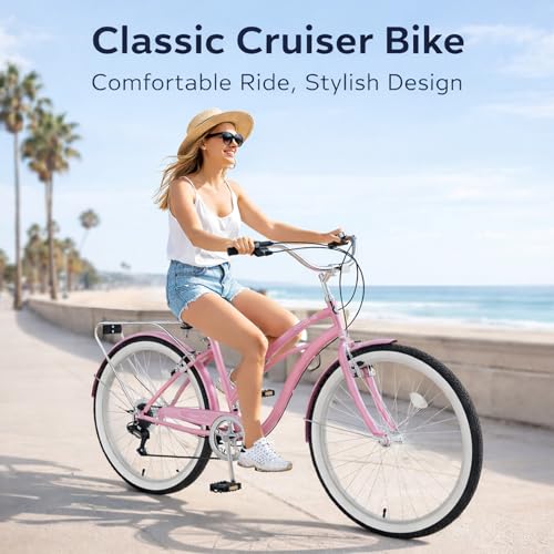 Image of MOONCOOL Beach Cruiser Bike for Women and Men, 24 /26 Inch 7-Speed Adult Bicycle, Comfortable Step-Through Frame with Rear Rack, Classic City Cruiser