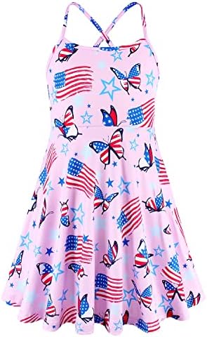JESKIDS Girls Summer Cami Spaghetti Strap Dress Patriotic 4th of July American Flag Dresses Butterfly Pink 6-7 Years