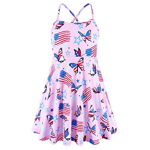 Jeskids Girls Summer Cami Spaghetti Strap Dress Patriotic 4Th Of July American Flag Dresses Butterfly Pink 6-7 Years #TOP22