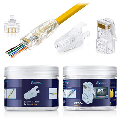 RJ45 Cat5e Pass Through Connectors and Strain Relief Boots, Pack of 50/50. EZ Modular Plug for Solid or Stranded UTP Network Cable
