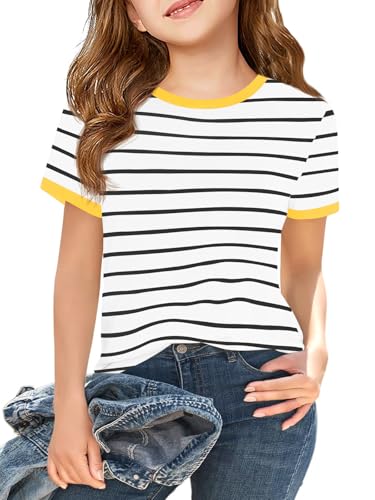 Haloumoning Girls Short Sleeve T Shirts Kids Summer Striped Tops Crewneck Tees 5-14 Years