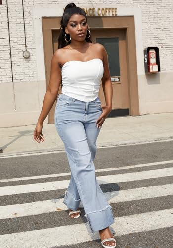 HuiSiFang Women's Ripped Cuffed Jeans High Waisted Straight Wide Leg Stretchy Denim Pants3