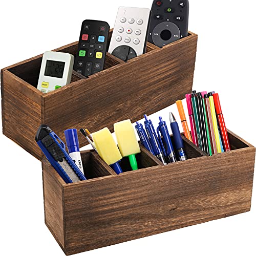 Dicunoy 2 Pack Wooden Pencil Desk Organizer Holder, 4 Compartments Rustic Wood Remote Control Holder
