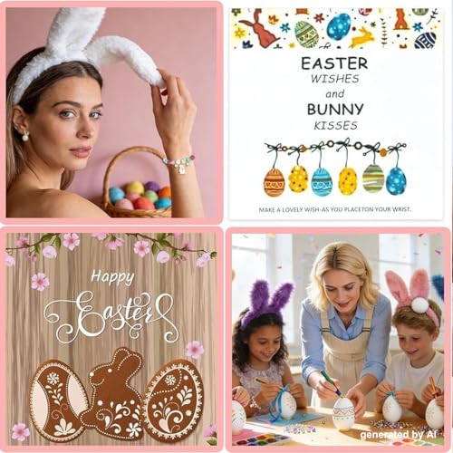 Easter Jewelry for Women Easter Bunny Stretch Bracelet with Card Rabbit Pearl Stud Earrings Cute Egg Basket Fillers Accessories Gifts - Image 4
