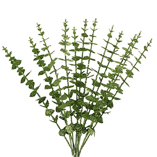 12 Stück grüne glitzernde künstliche Eukalyptus-Stiele, künstliche Dollar Eukalyptusblätter Pflanzen, künstliche grüne Stiele für Blumenstrauß, Tafelaufsatz, Hochzeitskranz, Blumenarrangements Cover