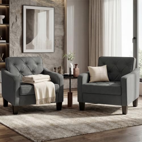 Grey Accent Chairs Set of 2, Wide Comfy Arm Chairs for Living Room, Office