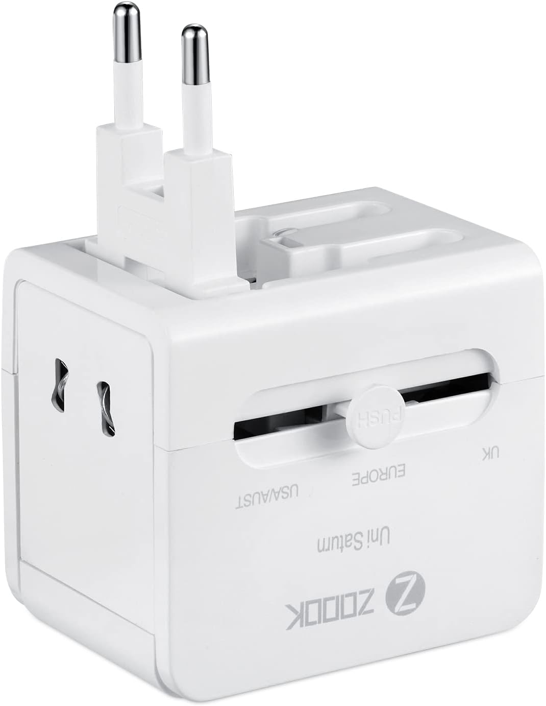 ZT-UNI SATURN WHITE - Multi-Regional Travel Adapter with Two USB Charging Ports - White