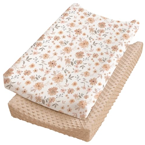 Image of Konssy Minky Changing Pad Cover 2 Pack, Soft Minky Dots Plush Diaper Changing Table Cover Set, Breathable Changing Pad Sheets for Baby Girls Boys (Flourish, Clay)