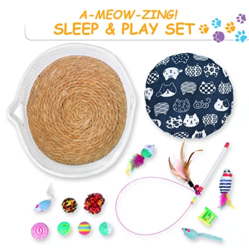 Kitty Merch Woven Cat Bed Basket & 12-Piece Toy Set - Wicker Cattail & Cotton Rope Basket With Accessories - Complete Sleep/Play Kit & Cat Toy Box Set For New Cat Owners – Small To Medium Indoor Cats #TOP2