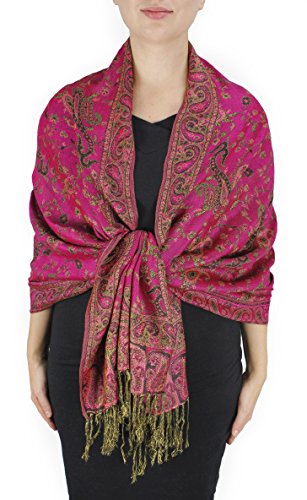Peach Couture Elegant Double Layer Reversible Paisley Pashmina Shawl Wrap Scarf Fuchsia