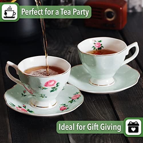BTaT- Floral Tea Cups and Saucers, Set of 2, 8 oz, Fine Porcelain Teacup Set with Gold Trim for Afternoon Tea, Weddings, Parties & Gifting, Dishwasher Safe, Lightweight, Non-Toxic, Mothers Day Gift