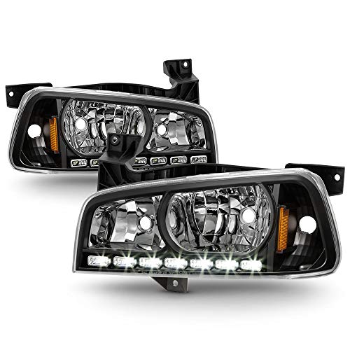 ACANII - For Black 2006-2010 Dodge Charger LED DRL Headlights w/Built In Corner Signal Lamps Driver & Passenger Side