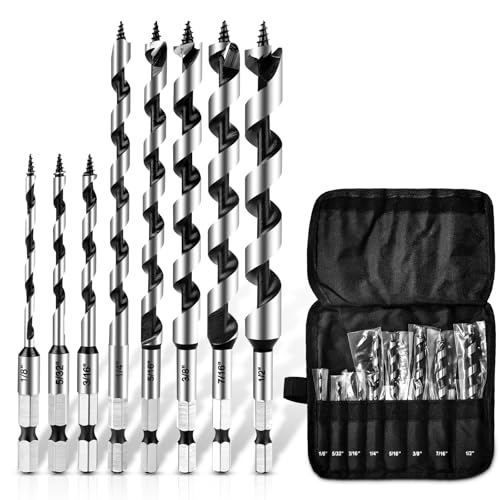 NICAVKIT 8Pcs Auger Drill Bit Set for Wood 1/8-1/2 Inch Ship Auger Drill Bit with 1/4 Hex Shank for Soft and Hard Wood Plastic Drywall and Composite Materials