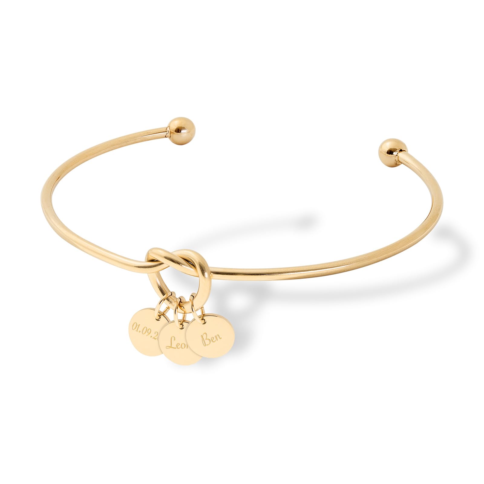 ELLA – Armreif Liebe Freundschaft Knoten mit Gravur | Drei Plättchen mit Namen | Personalisierte Geschenke für Frauen Freundinnen Geburtstag Valentinstag Jahrestag | Edelstahl | Silber, Gold, Rosé