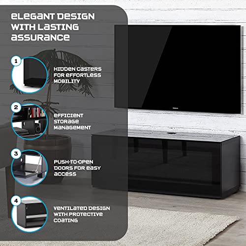 Image of SONOROUS ST-110 Premium TV Stand with Black Wood & Black Glass Cover - Modern Entertainment Center & Media Console for Living Room - TV Cabinet up to 65 Inch with Hidden Wheels - Sleek Storage Design