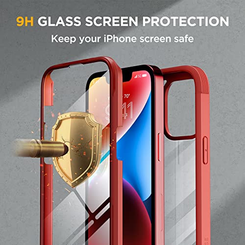Image of Miracase Glass Series Designed for iPhone 14 Case 6.1 inch, 2023 Upgrade Full-Body Clear Bumper Case with Built-in 9H Tempered Glass Screen Protector and Camera Lens Protector,Red
