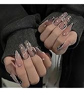 Butterfly French Tip Press on Nails Long Coffin Fake Nailswith Rhinestones Designs False Nails fo...