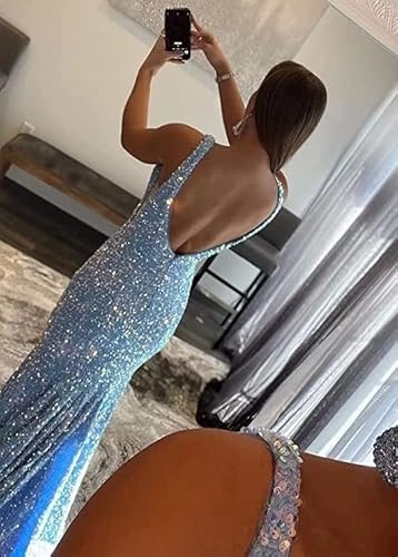 Qqcute Sparkly Sequin V Neck Prom Dresses Mermaid Long Formal Dresses Sleeves Sexy Evening Party Gowns For Women(Silver,6) #TOP2
