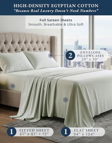 Image of LANE LINEN Cotton Sheets Full 100% Egyptian Cotton Sateen - Mineral | Cooling Sheets Full Size - 4-Piece Set, For Guests And Everyday Use, For A Silky Hotel-Style Bed, Luxe Sheen, Plush