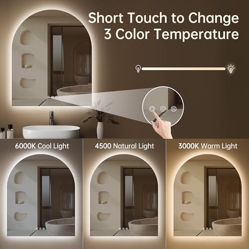 Image of Arched Backlit Mirror Bathroom 30 inchx36 inch- Frameless LED Bathroom Mirror with Lights, Fogless, Dimmable, 3 Color Changing, Shatterproof, Touch Sensor