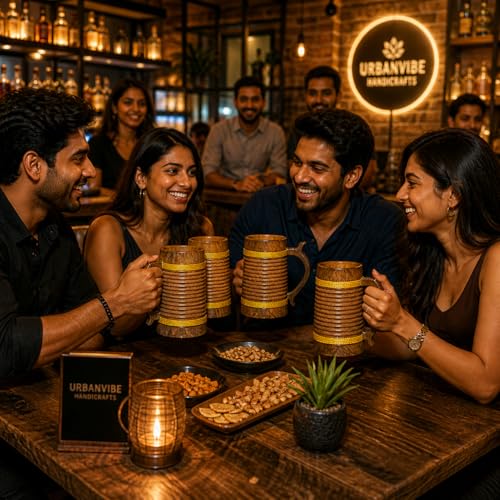 Image of Handmade Wooden Beer Mug, Wood with Sheesham Finish, Barrel Style, Lightweight & Durable, for Craft Beer, Home Bar, Cafe, Party, Gift(350ml) (Rings)
