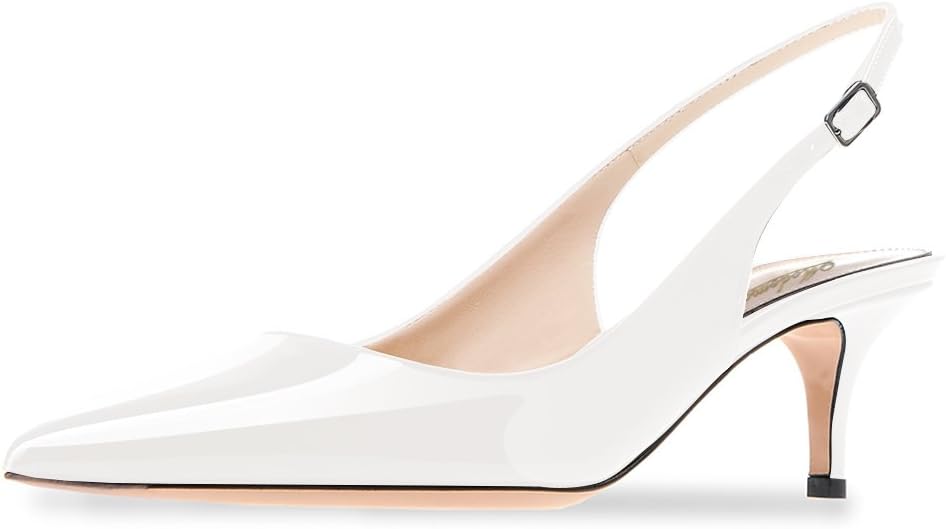 Modemoven Women's White Patent Leather Pointed Toe Slingback Ankle Strap Kitten Heels Pumps Evening Stiletto Shoes - 5 M US