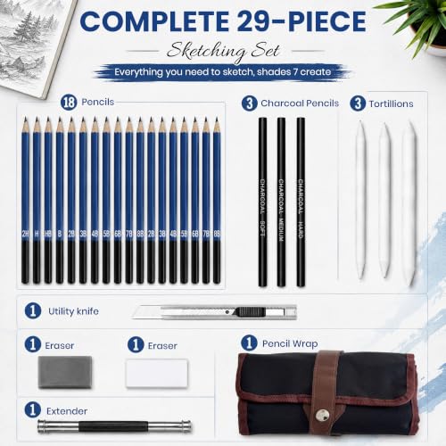 Image of Artownlar 28 Pcs Sketching Kit, Drawing Pencils Set with Graphite & Charcoal Pencils, Blending Stumps, Erasers, Pencil Extender & Art Knife, Drawing Shading Kit for Beginners & Artists