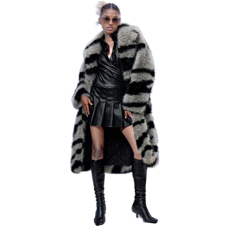 Shaggy Faux Fur Collar Long Sleeve Long Length Gray Jacket Women's