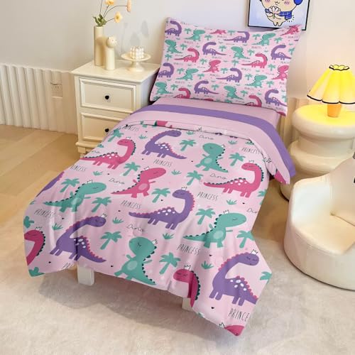 Image of 4 Piece Toddler Dinosaur Bedding Set for Girls,Pink Dino Toddler Comforter Sets Soft Bed Set Include Comforter,Fitted Sheet, Flat Top Sheet and Pillowcase,Bed in A Bag for Bedroom