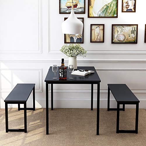 Rhomtree 3 Pieces Dining Set Table with 2 Benches Kitchen Dining Room Furniture Modern Style Wood Table Top with Metal Frame (Balck + Black)