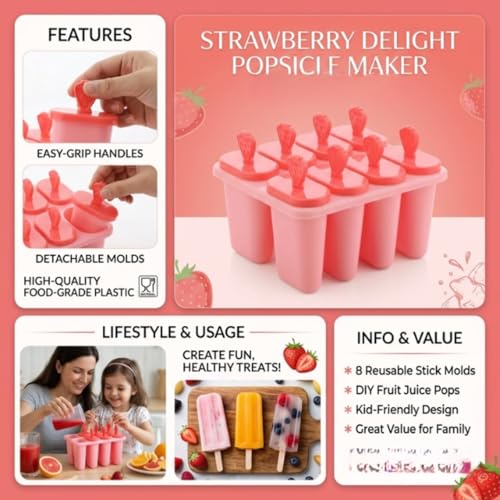 Image of BPA Free Ice Lolly and Kulfi Maker Set of 8 Reusable Popsicle Moulds Food Grade Plastic Ice Cream Popsicle Maker for Home Kitchen Multicolor (Coral Pink)