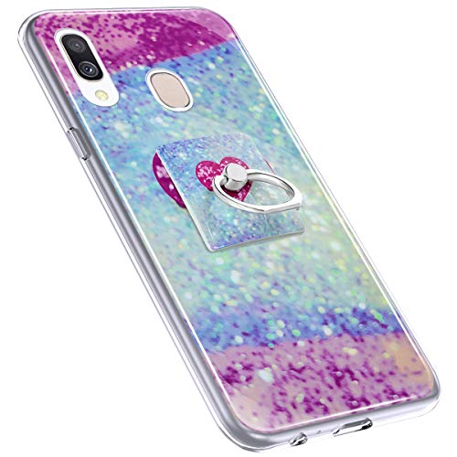 Urhause Cover Compatible with Samsung Galaxy A40 Case Sparkle Glitter Bling Marble Case TPU Silicone Ring Holder Cover 360 Degree Rotation Ring Holder Kickstand Shiny Bling Shockproof Cover Blue