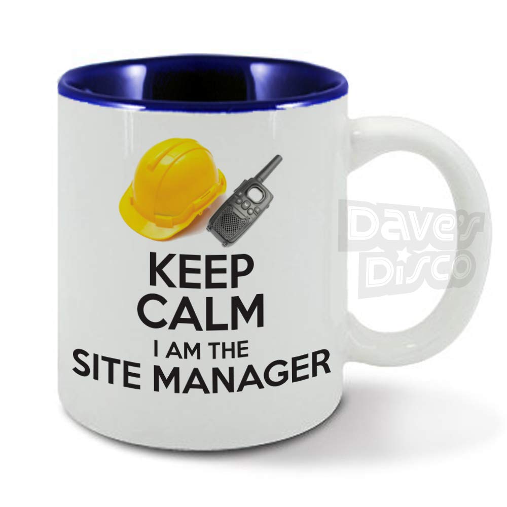 Keep Calm I'm The SITE Manager, boss, walkie Talkie, Builder, Building Trade Worker, Funny Gift idea, Blue Inside, Ceramic Mug, Cup