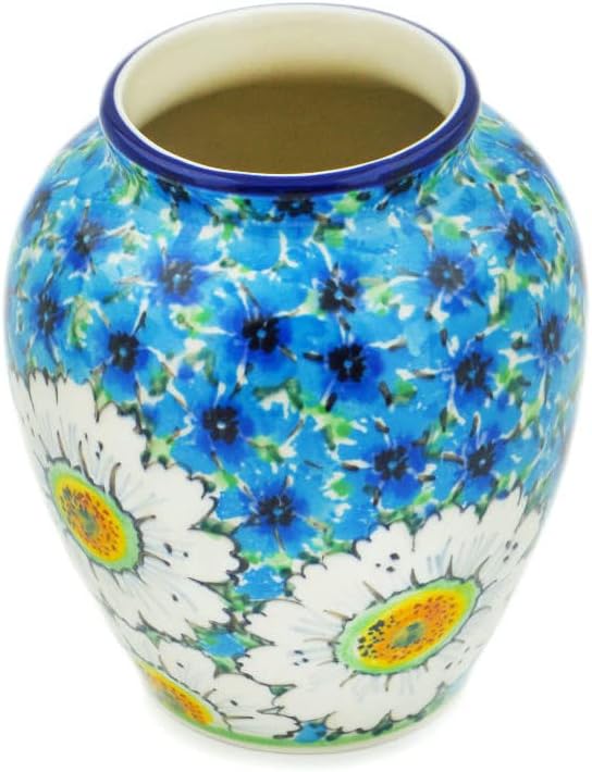 Polmedia Polish Pottery Vase UNIKAT - Pansies and Daisies Pattern Handmade in Boleslawiec Poland by Ceramika Artystyczna + Certificate of Authenticity