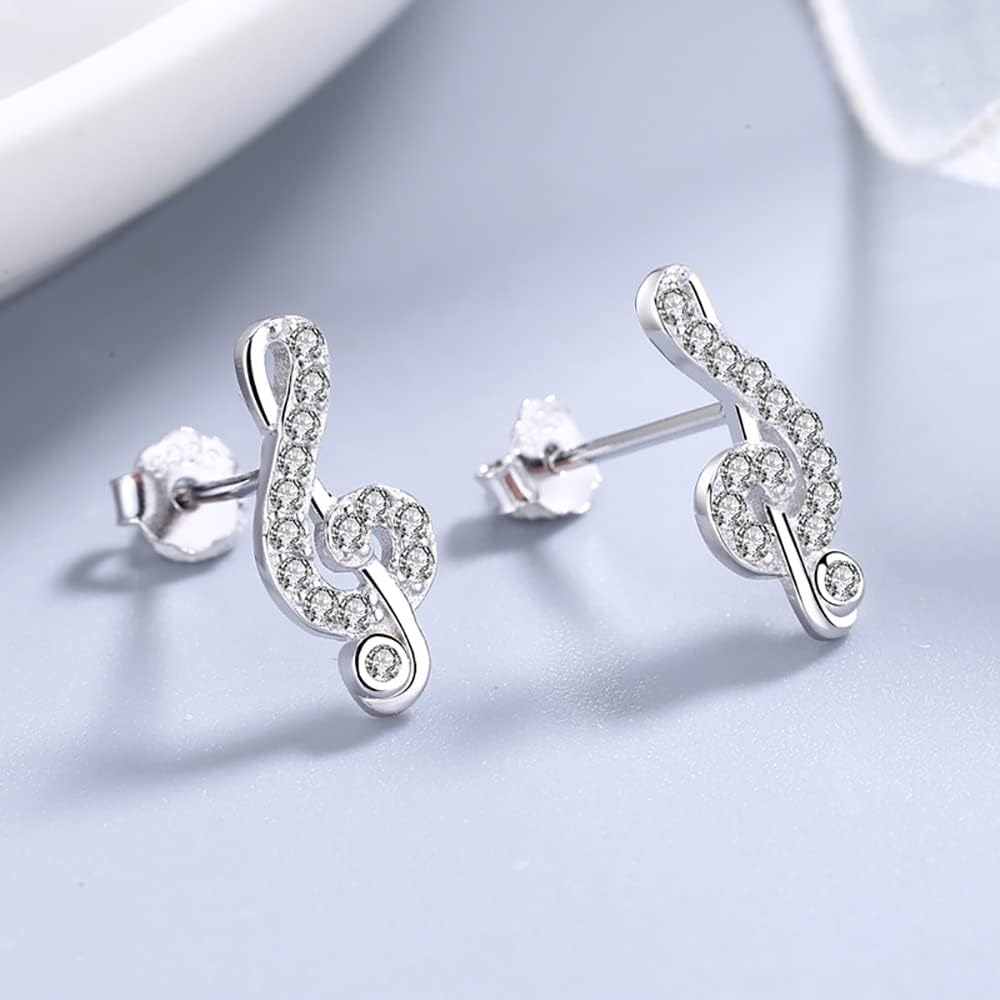 Dainty Music Note Tiny CZ Stud Earrings 925 Sterling Silver Crystal Rhinestone Treble Clef Cartilage Hypoallergenic Piercing Studs Earring Cute Musician Music Lover Jewelry Gifts for Women BFF - Image 3
