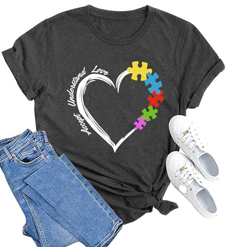 MAIHUN Autism Awareness Shirt for Women Accept Understand Love Autism Teacher Tshirt Autism Support Month Tee Grey, Small
