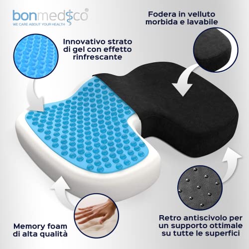 Miniatura 3 de Bonmedico Cojín Ortopédico Viscoelástico Con Gel Asiento Ergonómico Para Silla De Oficina, Coche, Hogar, Gaming Y Lectura Funda Lavable Antideslizante Estándar Negro Velours